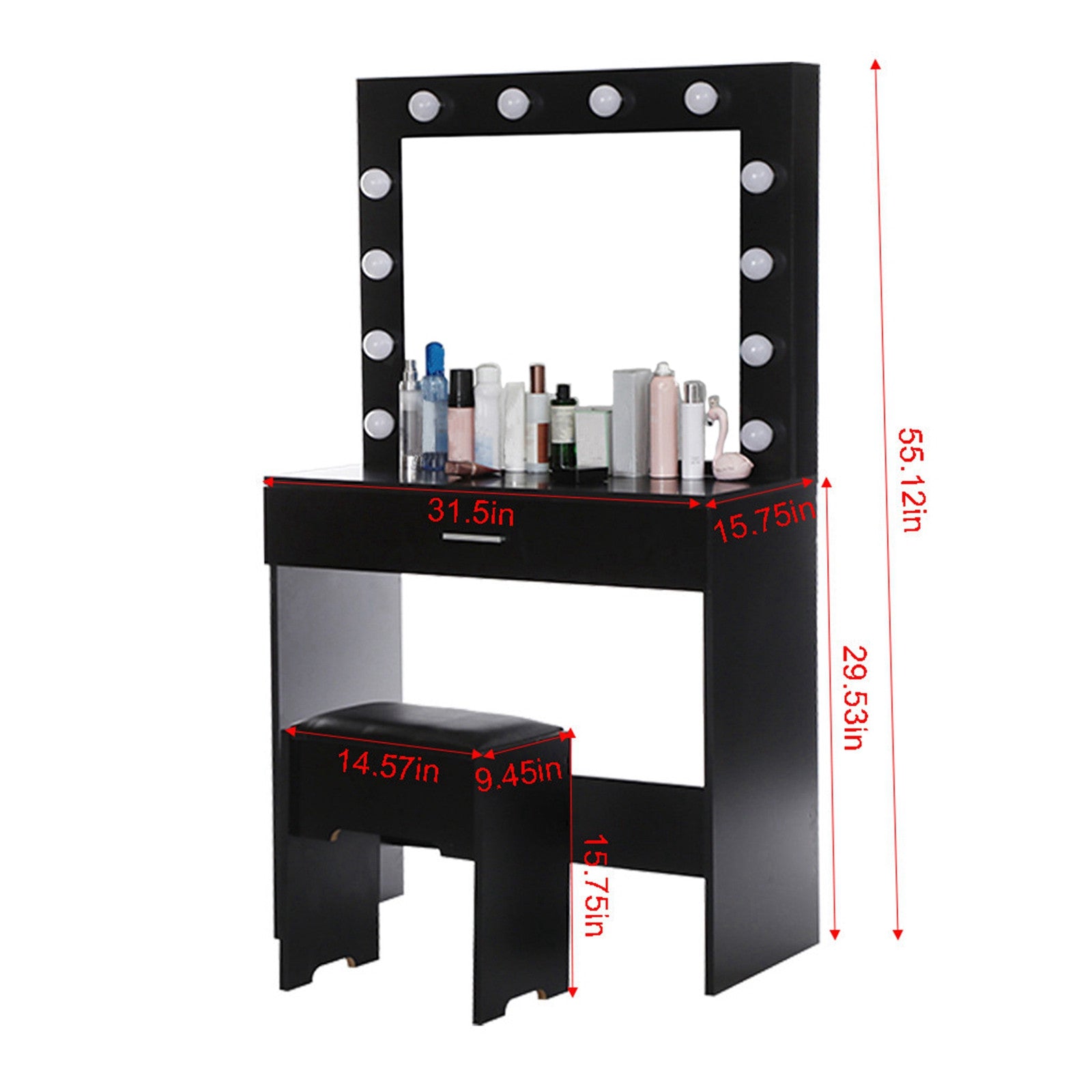 Vanity Set - Lighted Mirror, Makeup Table, and Cushioned Stool