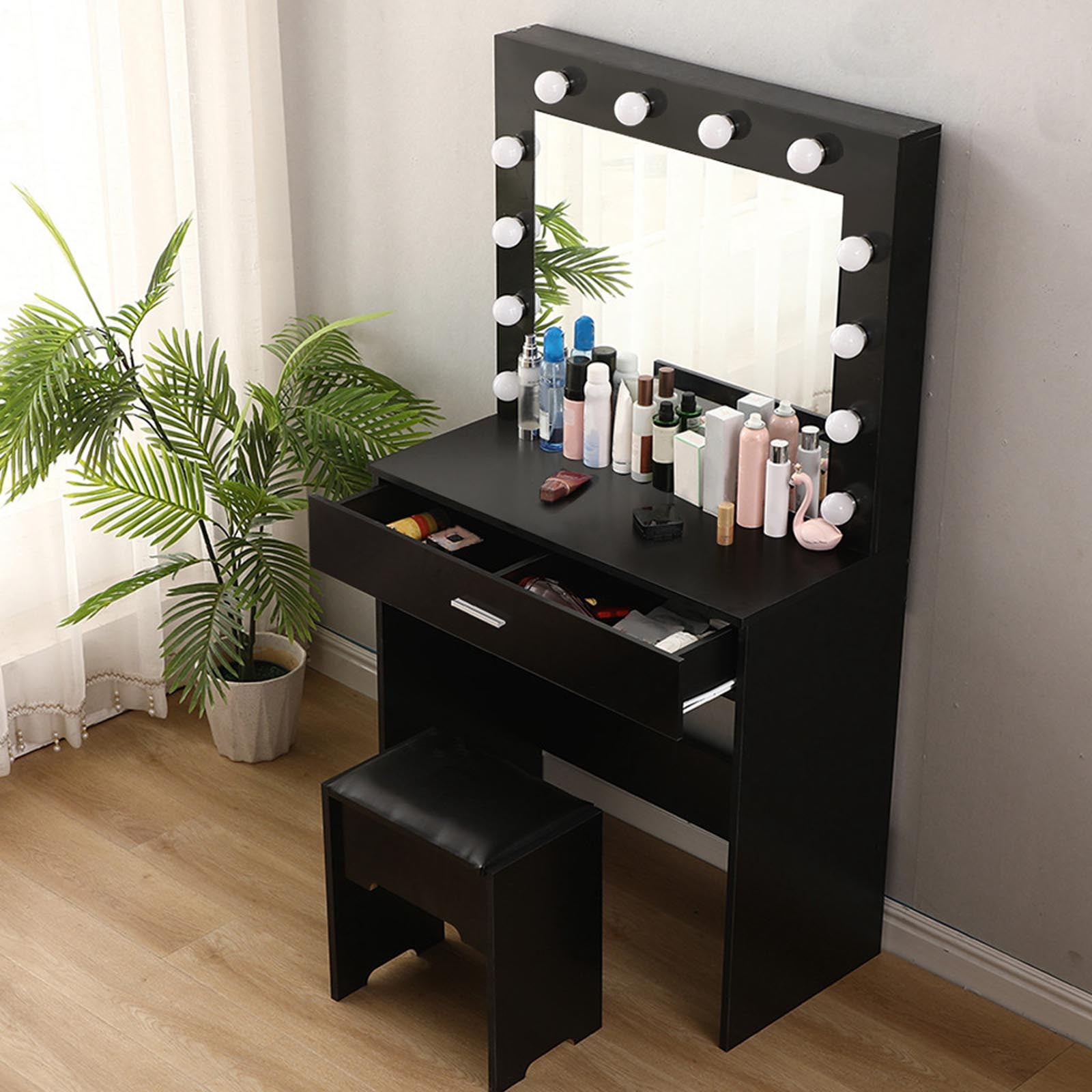 Vanity Set - Lighted Mirror, Makeup Table, and Cushioned Stool