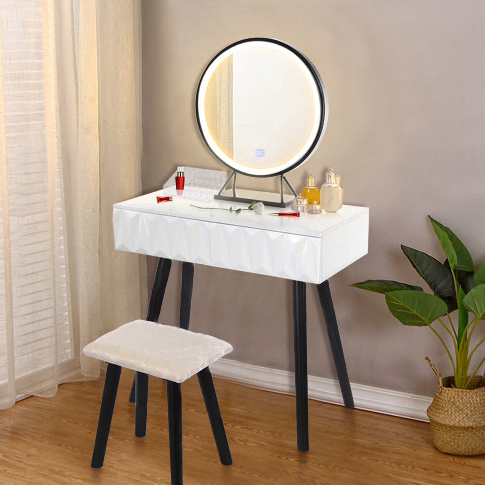 LED Mirror Makeup Vanity Dressing Table Set With Stool Dimmable Vanity Set