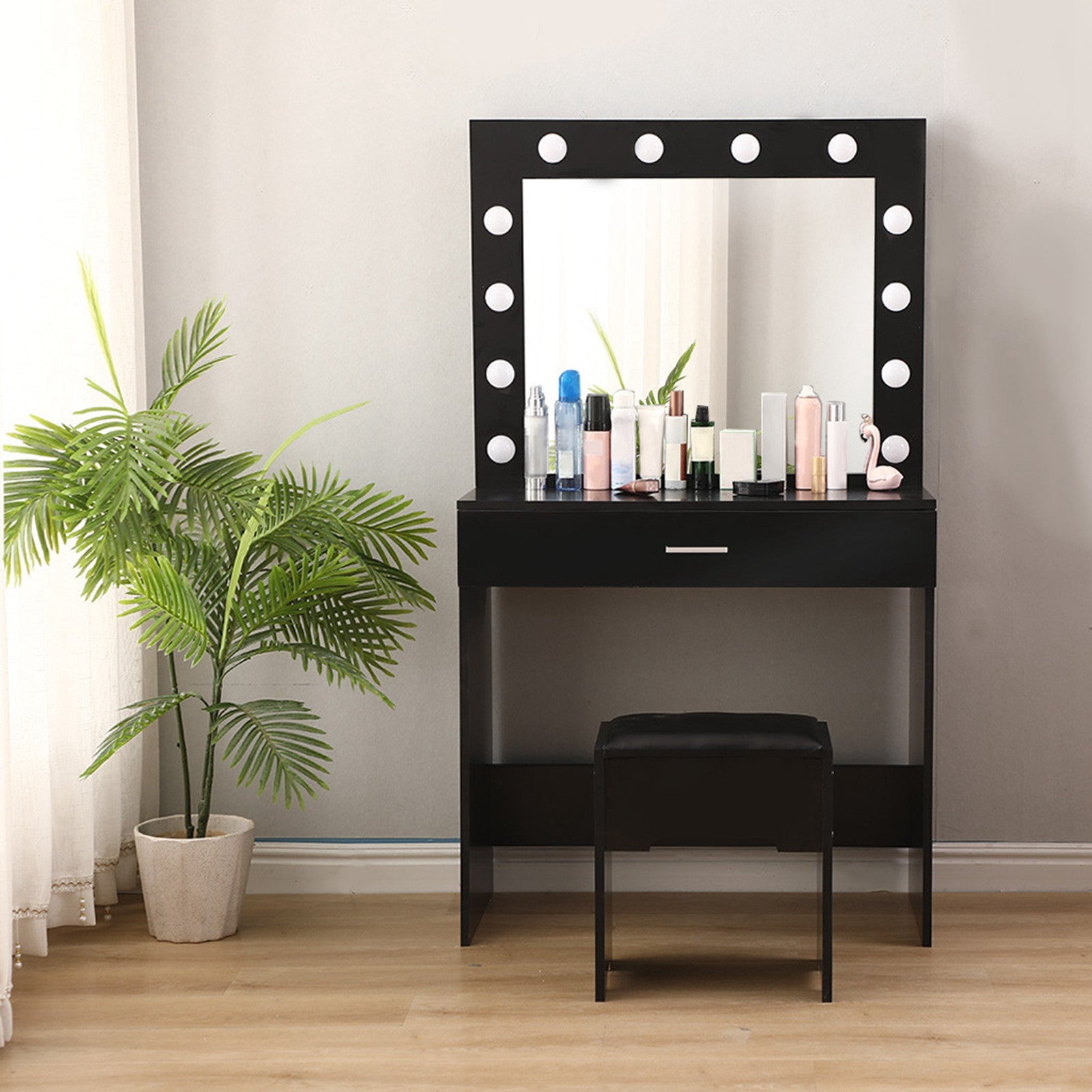 Vanity Set - Lighted Mirror, Makeup Table, and Cushioned Stool