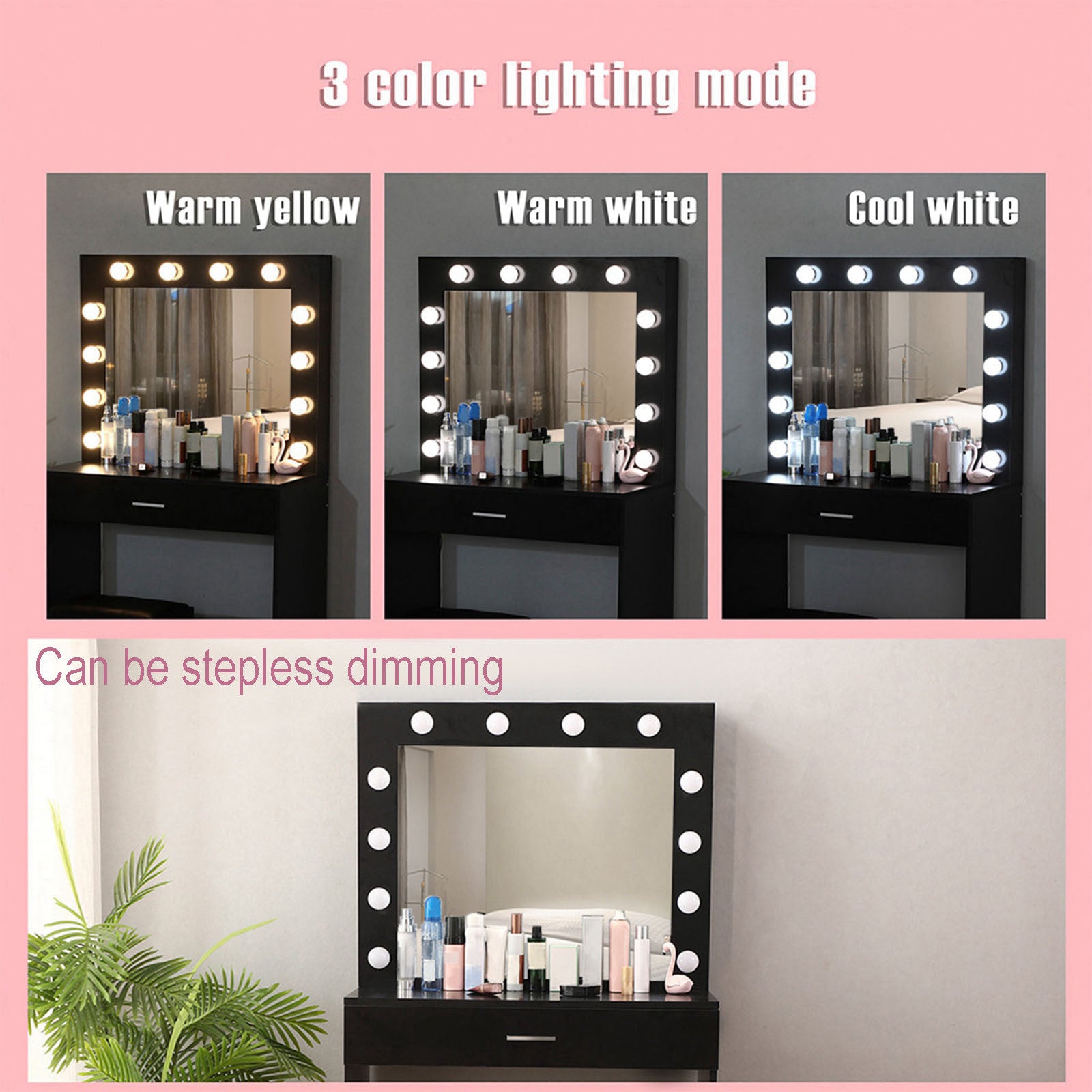 Vanity Set - Lighted Mirror, Makeup Table, and Cushioned Stool